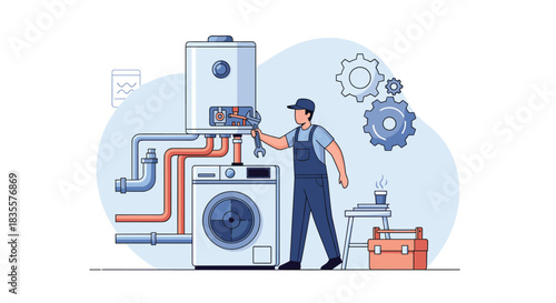 Professional plumber in uniform repairing a water heater with a wrench, with a washing machine and toolbox nearby in a utility room.
