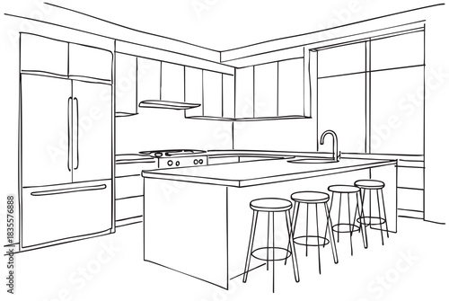 line sketch kitchen interior