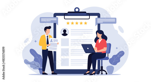 Human resources professionals reviewing a candidate's application, with one person holding a resume and another on a laptop.