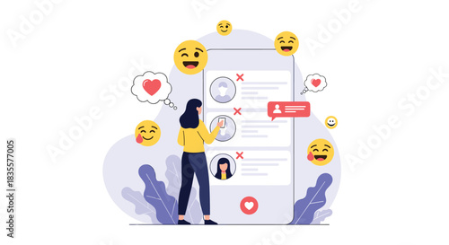 Woman using a dating app on her smartphone, swiping through profiles with various emojis like hearts and winks floating around.