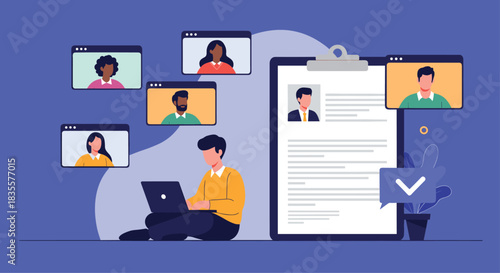 Man working on a laptop during a virtual job interview or online meeting with a diverse group of remote candidates or colleagues.