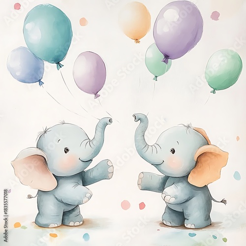 Two adorable baby elephants celebrating with balloons