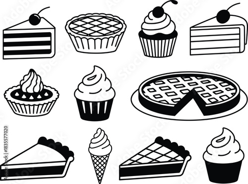 Hand drawn desserts cakes pies and cupcakes illustration
