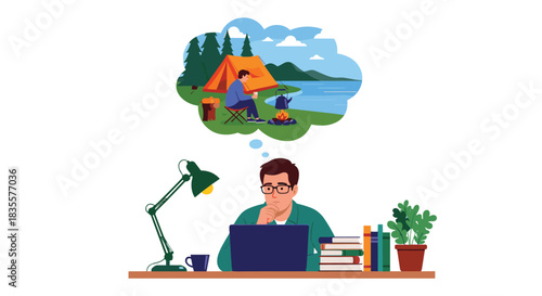 Office worker at his desk with a laptop, daydreaming about a peaceful camping trip in nature by a lake with a campfire.