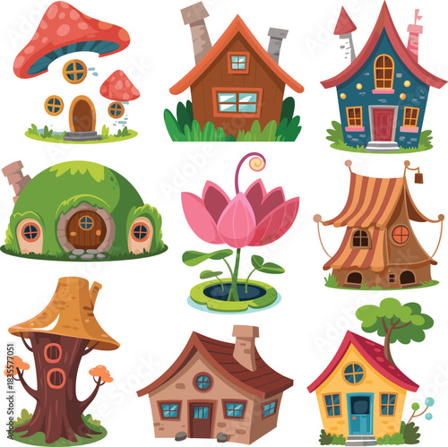 Whimsical cartoon house illustration set featuring fantasy architecture styles for storytelling, game design, and creative environment themes.