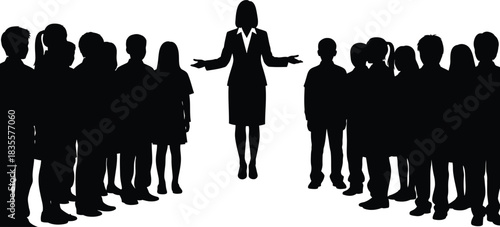 Confident businesswoman addresses diverse crowd of silhouetted figures in dynamic presentation standing out as a leader isolated on white background