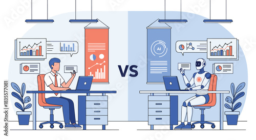 Comparison of a human worker versus an AI robot working at desks in an office, illustrating the future of automation.