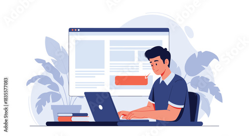 Young man working at his desk on a laptop, interacting with a website and clicking a call-to-action button for a service.