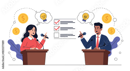 Male and female political candidates engaging in a debate at podiums, with icons representing ideas, money, and voting.