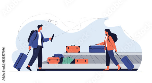 Travelers at an airport baggage claim area, waiting and collecting their suitcases from the luggage carousel after a flight.