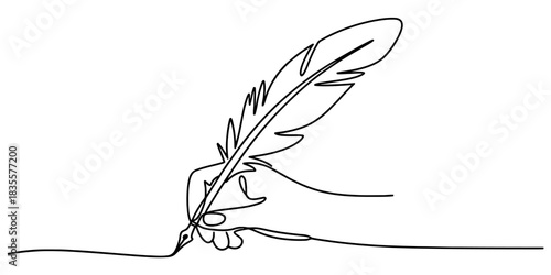Continuous line drawing of a human hand gracefully holding a traditional feather quill pen, actively writing, symbolizing creativity, authorship, and education Vector, illustration