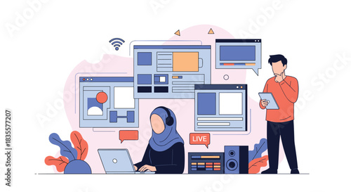 Diverse team working remotely on a project, with a muslim woman in a hijab at a laptop and a man reviewing multiple screens.