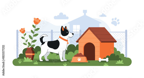 Cute dog standing in a fenced backyard next to its doghouse, a food bowl, and a bone on a sunny day with flowers.