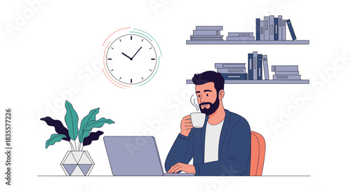 Bearded man working or studying on a laptop at his desk, enjoying a cup of hot coffee in a cozy home office setting.