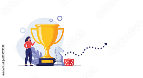 Business strategy and success concept with a woman standing next to a large golden trophy, a chess knight, and dice.