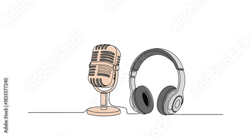 Continuous single line drawing of a vintage studio microphone and a pair of modern headphones for podcasting or recording.