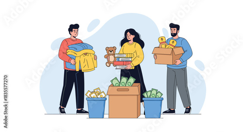 Group of volunteers donating various items like clothes, toys, books, and money to a charity for people in need.