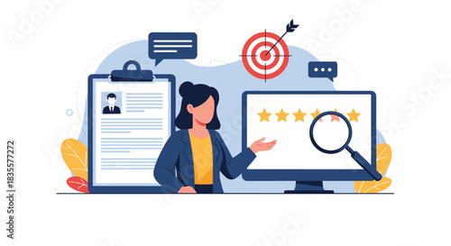 HR manager analyzing a job candidate's resume and online profile, checking for skills, experience, and positive reviews.
