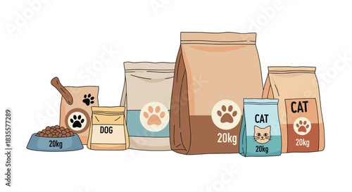 Collection of various pet food products in bags and a bowl, for both cats and dogs, illustrating a pet store's assortment.