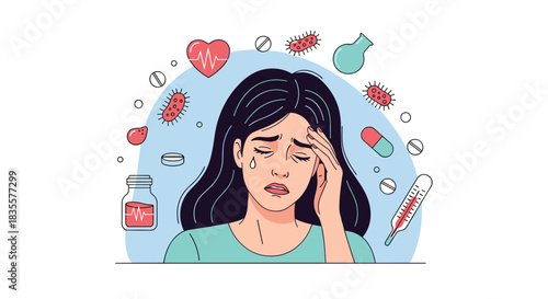 Sick woman with a headache and fever, surrounded by icons of viruses, bacteria, medicine, and a thermometer, feeling unwell.
