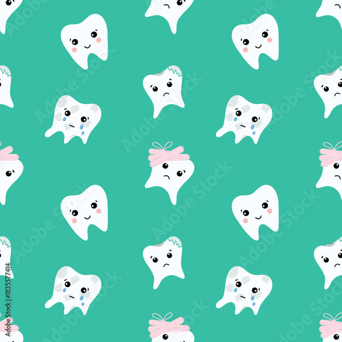Tooth seamless pattern, green background. Pediatric tooth motif, nursery dental pattern. Cute teeth pattern, oral hygiene tile