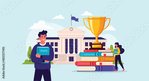 Proud students standing by a university with a giant trophy on a stack of books, celebrating academic achievement and success.