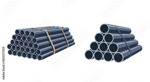 Two stacks of industrial metal or plastic pipes bundled together, illustrating construction materials or plumbing supplies.