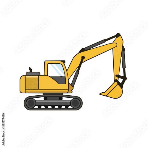 A detailed vector illustration of a yellow crawler excavator, representing heavy construction machinery used for digging, building, and earthmoving projects