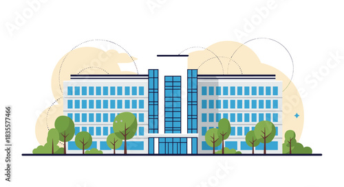Modern multi-story office building or corporate headquarters with a glass facade, surrounded by green trees and landscaping.