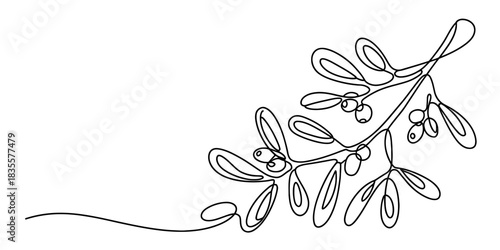 Simple elegant continuous line art drawing of mistletoe branch with delicate berries, perfect for christmas and winter holiday season designs and decor. Vector, illustration