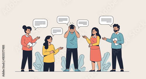 Overwhelmed and stressed young man surrounded by people giving unsolicited advice, feeling anxious from information overload.