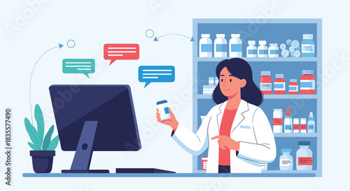 Female pharmacist working at a computer in a pharmacy, managing online prescriptions and providing digital healthcare advice.