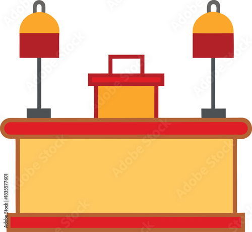 Stylized Reception Desk Icon with Red Top Yellow Front Panel and Dual Lamps Illustration