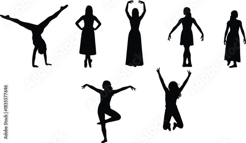 Female Dancer and Gymnast Silhouettes Collection, Dynamic Poses Including Ballet, Cartwheel, and Jumping for Performance Art, Sports Training, and Movement Vector Design Isolated.