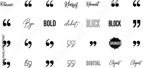 Quotation mark grid with font labels—vector of 25 typographic styles paired with descriptive text