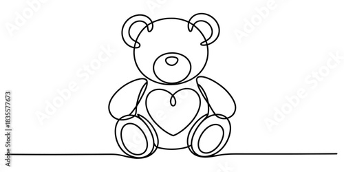 Continuous line drawing of a cute teddy bear with a heart on its chest, symbolizing love, friendship, and childhood memories, isolated on a clean background. Vector, illustration