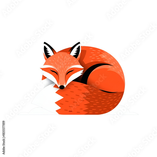 Illustration of a curled up orange fox with white accents sleeping peacefully on a white surface on transparent background