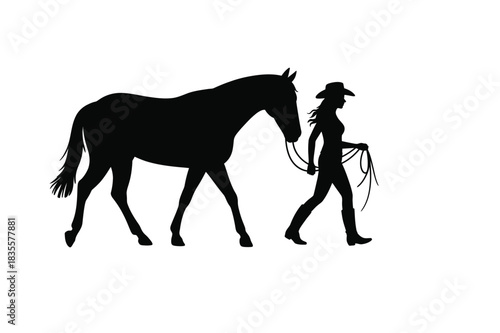 Silhouette of a Cowgirl Leading a Horse, Western Lifestyle, Rodeo, Country Living, Equine Care, Horse Training, Rural Scene.