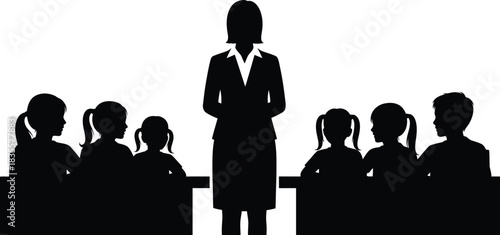Teacher leads attentive students in classroom silhouetted against bright educational learning concept isolated on white background