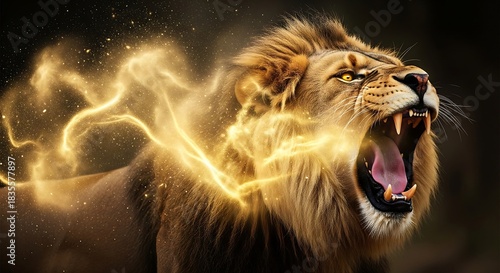 Majestic portrait of a male lion, the king of the jungle, a big cat predator with a wild mane at the zoo