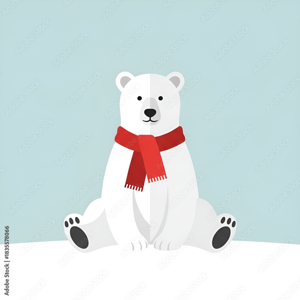 Fototapeta premium Illustration of a polar bear wearing a red scarf sitting on a snow covered ground in a winter scene on transparent background