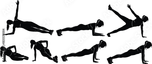 Female Fitness Silhouettes Performing Plank Exercises, Various Core Workout Poses Including Side Plank and Extended Plank for Gym Training and Healthy Lifestyle Vector Design.