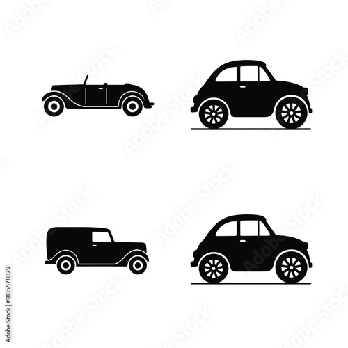 Collection of four black car silhouettes on a white background Keywords: car, automobile, vehicle, transport