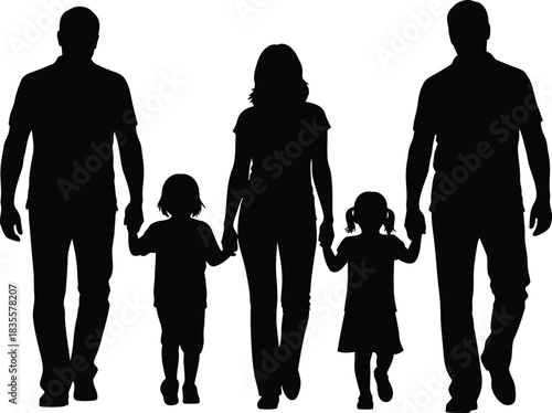 Happy family silhouettes walking together holding hands outdoor scene representing unity love and connection isolated on white background