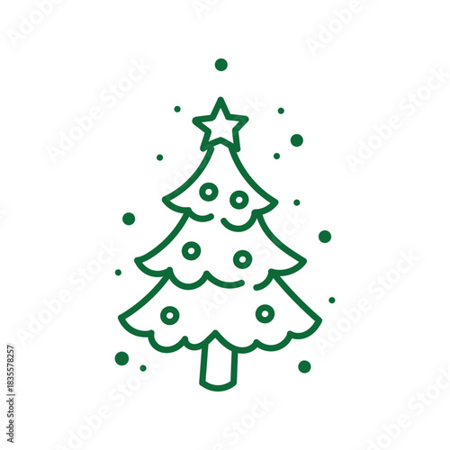 Festive green line art Christmas tree adorned with simple ornaments and a star topper