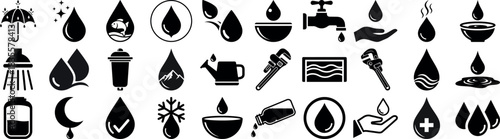 Collection of various water related black and white vector icons silhouette
