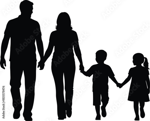 Silhouette of a loving family walking together holding hands parents and two children outdoors on a sunny day symbolizing unity and togetherness isolated on white background