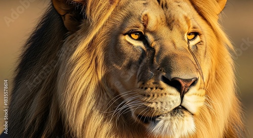 Close-up portrait of a wild male lion with a magnificent mane, the king of the jungle, a strong big cat predator