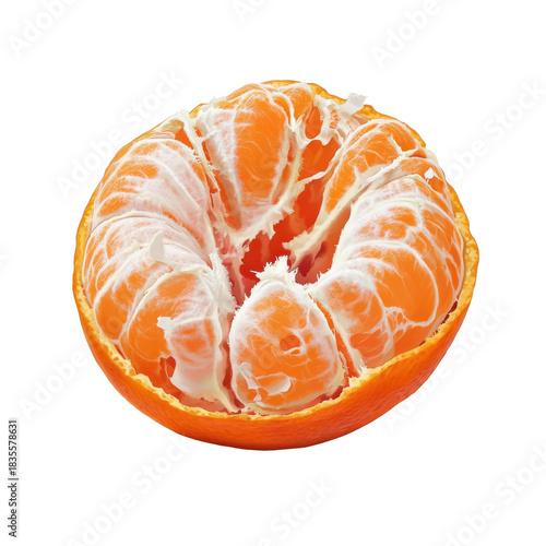Single mandarin segment showing bright citrus pulp and natural texture isolated on white transparent background