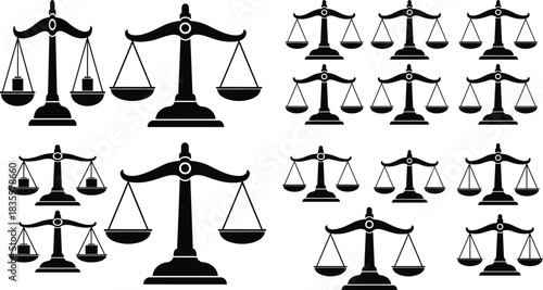 Set of Justice Scales Vector Silhouettes, Law and Balance Symbol Drawing, Weight Measurement Equipment Collection, Legal Judgment and Equality Illustration Design Element